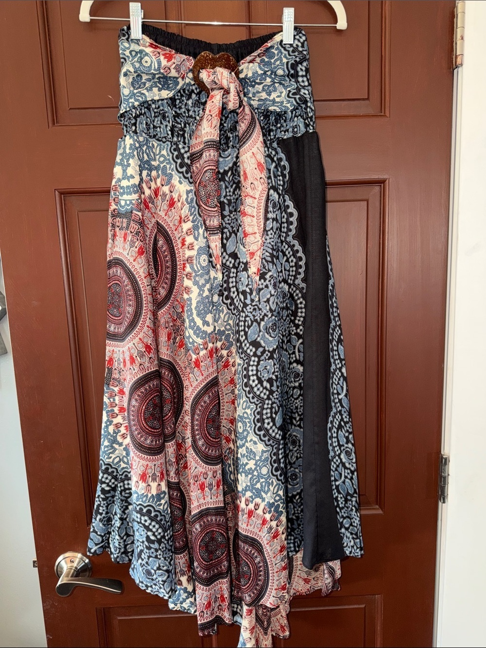 Boho Maxi Skirt in Navy, Red & Cream with Smocked Waist - Picture 2 of 5